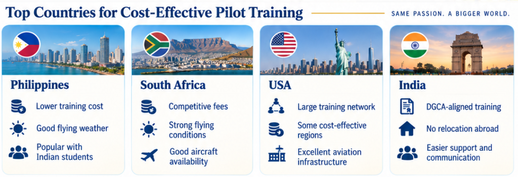 Comparison of top countries for cost-effective pilot training: Philippines, South Africa, USA, India
