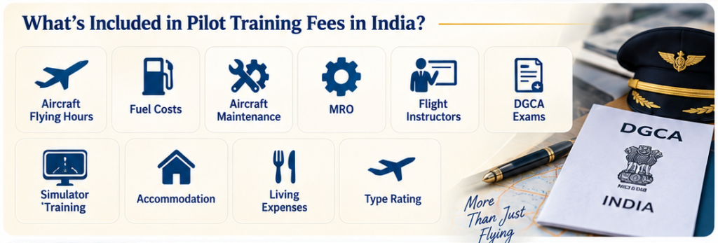 Infographic listing what's included in pilot training fees in India