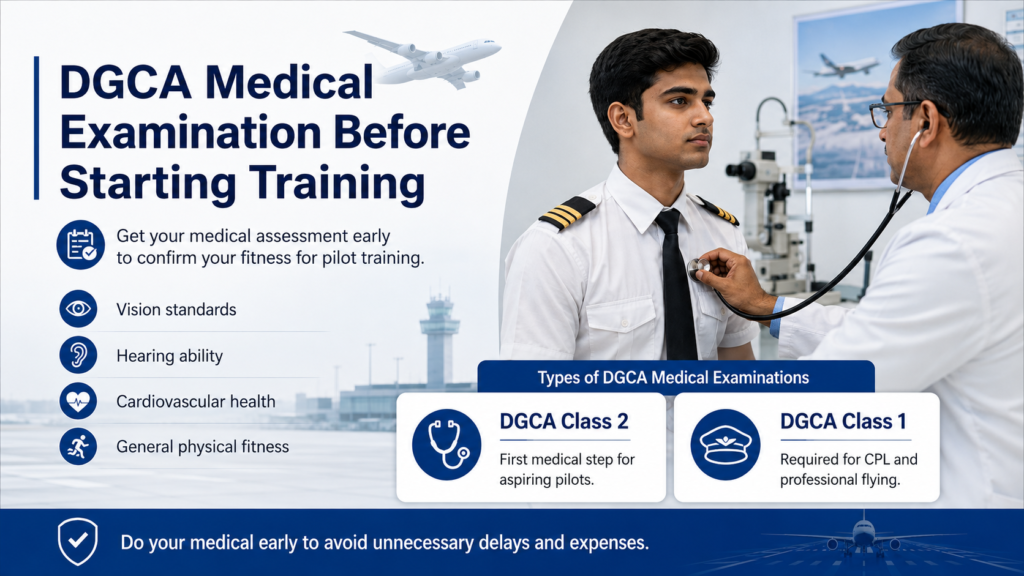 DGCA medical examination for aspiring pilots, covering vision, hearing, cardiovascular health, and physical fitness.