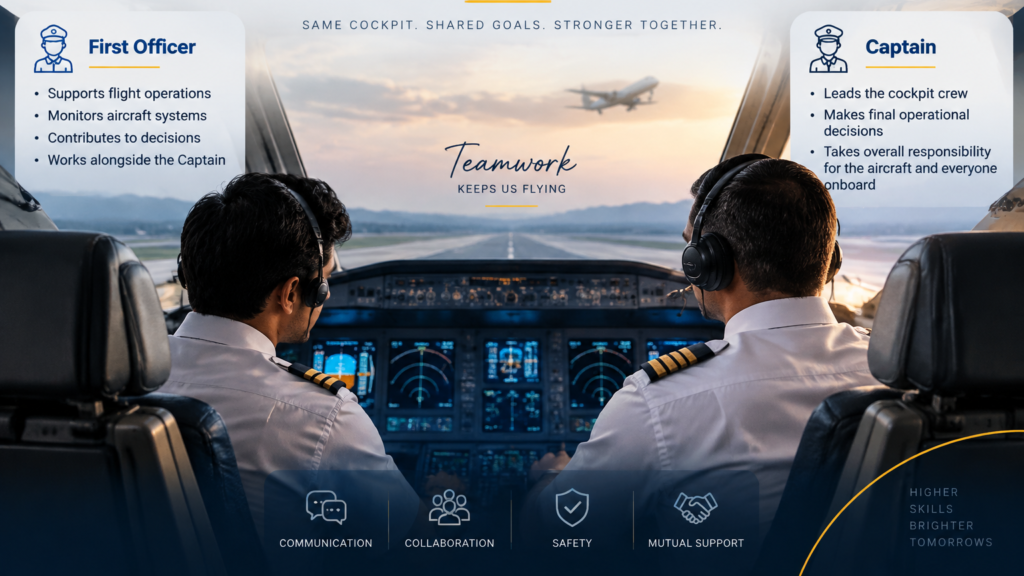 Captain and first officer in cockpit with side-by-side roles comparison and four teamwork pillars: communication, collaboration, safety, and mutual support.
