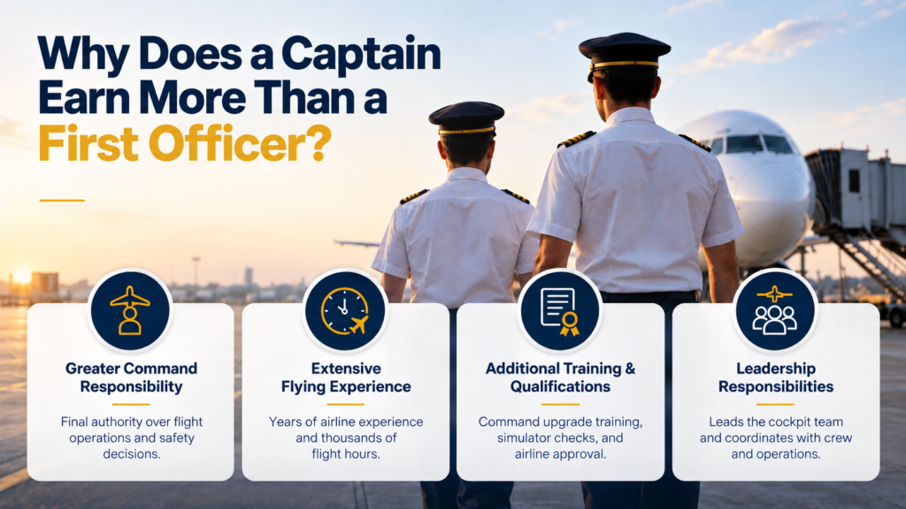Two pilots at airport showing four reasons captains earn more: command responsibility, flying experience, training/qualifications, and leadership.