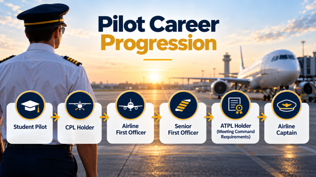 Pilot career progression flowchart showing six stages from student pilot to airline captain.