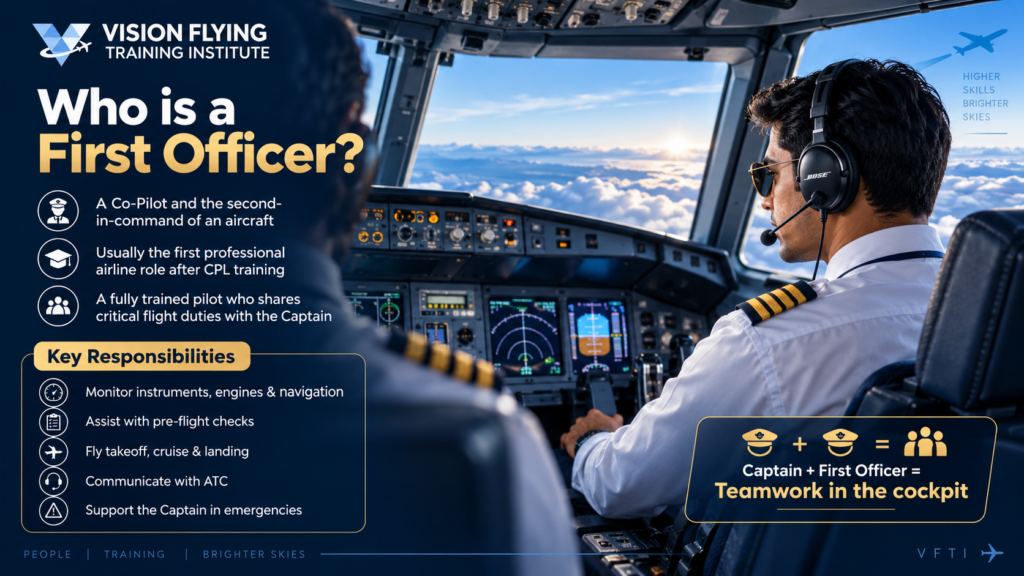 First officer in cockpit showing role definition and key responsibilities including monitoring instruments, pre-flight checks, flying, and ATC communication.