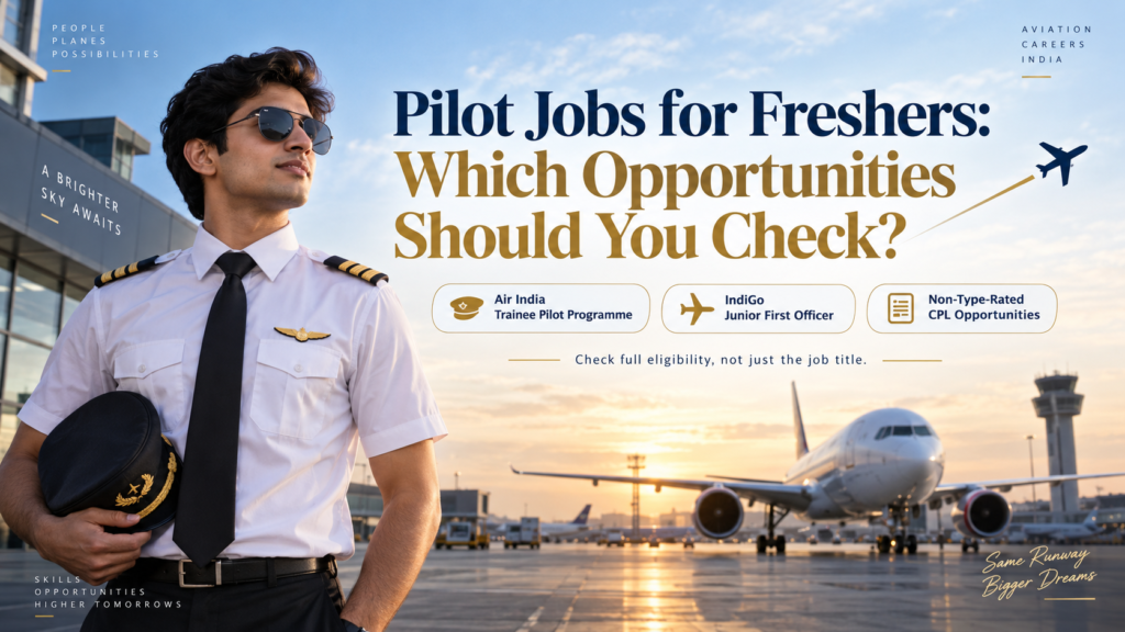 Young pilot holding his cap beside “Pilot Jobs for Freshers” with Air India, IndiGo and CPL opportunity labels.