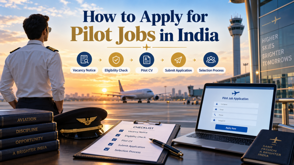 Five-step infographic for applying to pilot jobs in India, from vacancy notice to selection process, with a laptop application form and checklist.