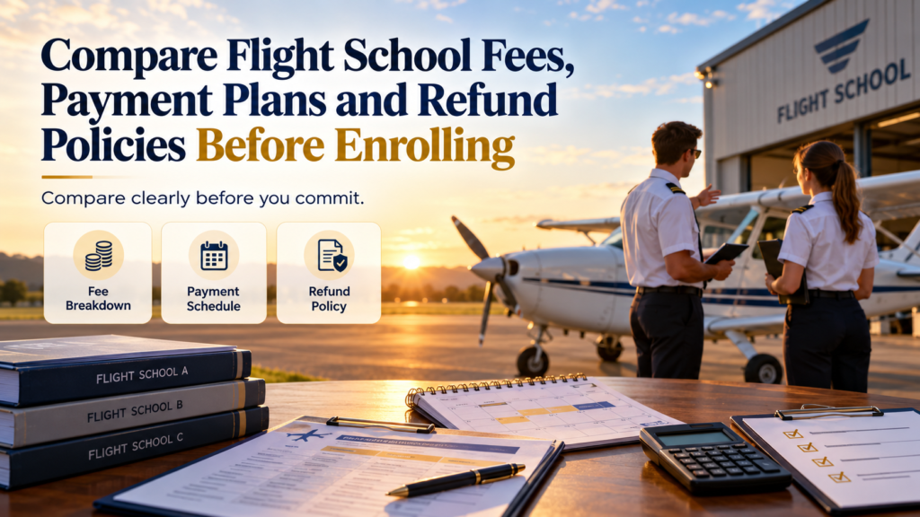 Flight school students comparing fees, payment plans and refund policies